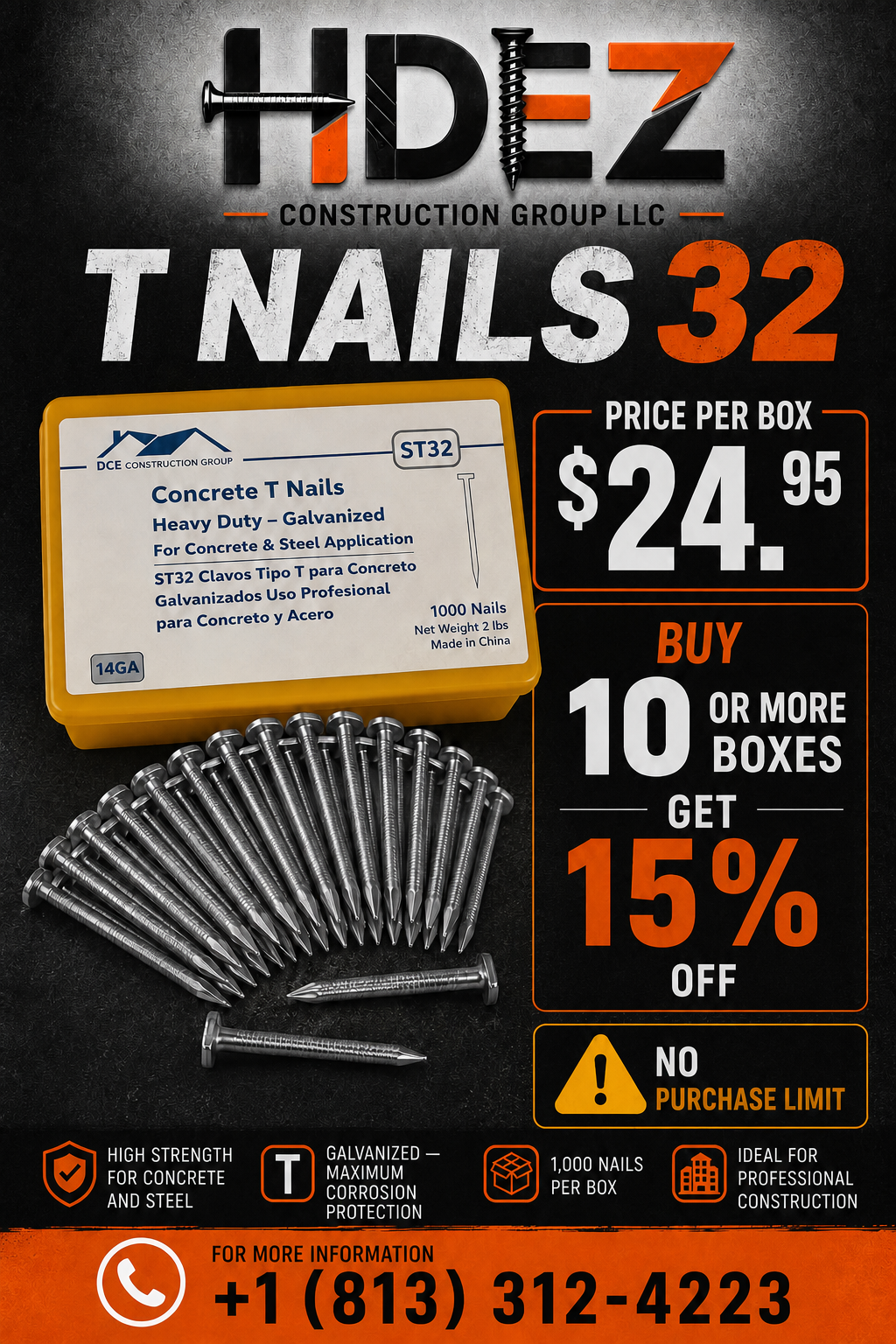 ST32 Concrete T Nails promotion: $24.95 per box and 15 percent off when buying 10 or more boxes, with no purchase limit