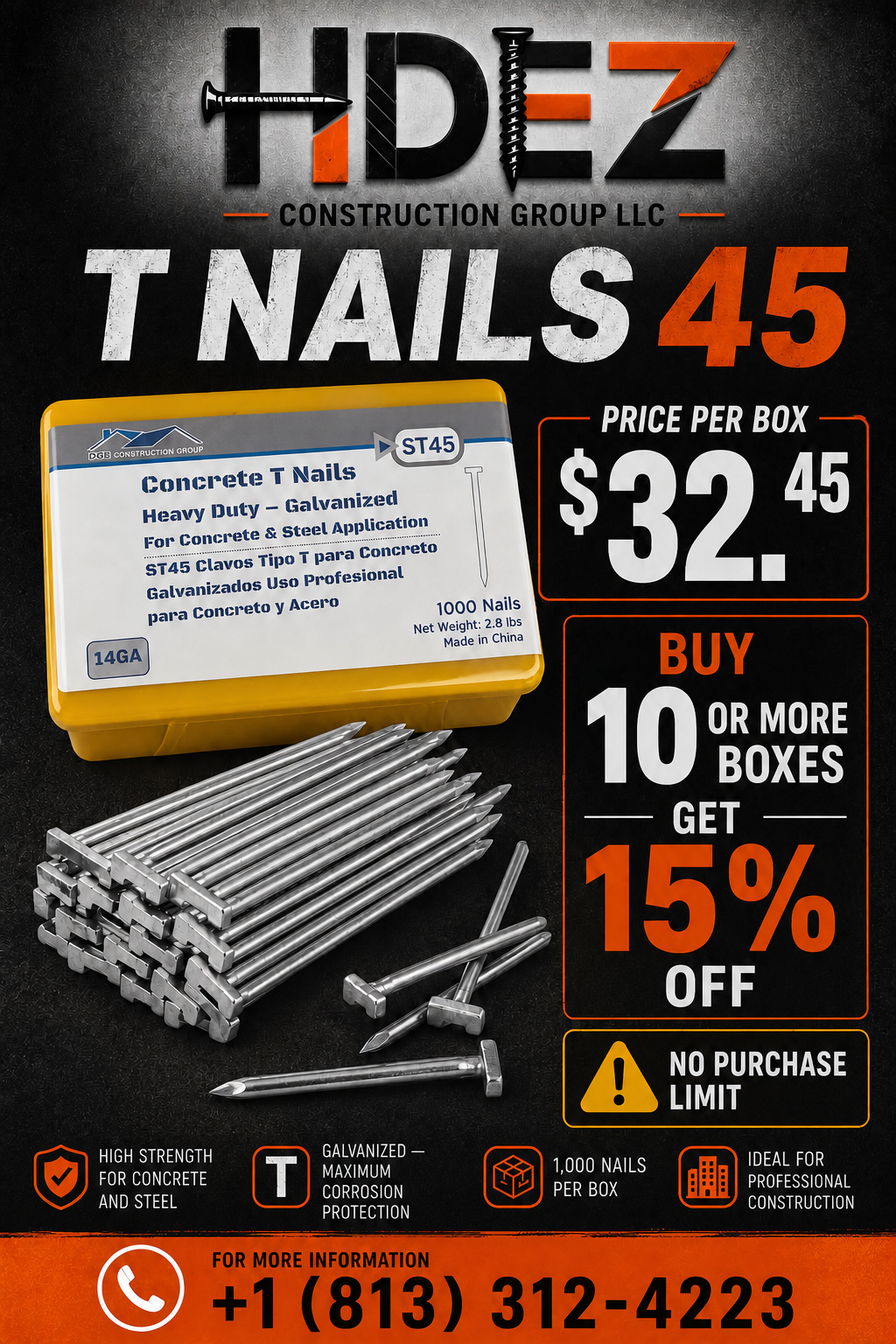 ST45 Concrete T Nails promotion: $32.45 per box and 15 percent off when buying 10 or more boxes, with no purchase limit