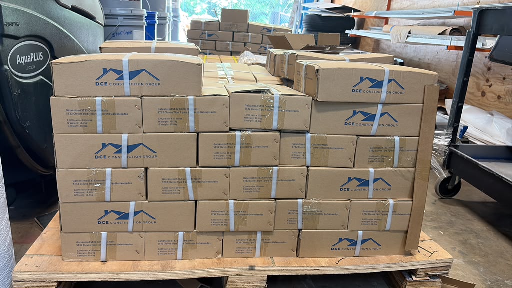Palletized HDEZ nail boxes in warehouse inventory